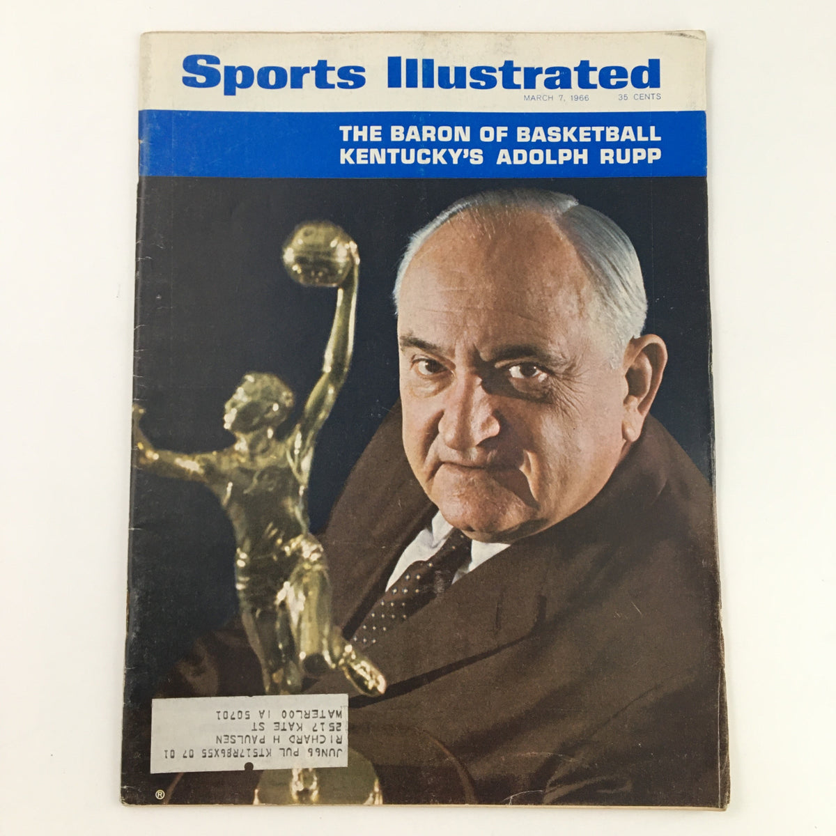 Sports Illustrated Magazine cover from March 7, 1966 featuring 'The Baron of Basketball: Kentucky’s Adolph Rupp' with a photo of Rupp alongside a trophy.