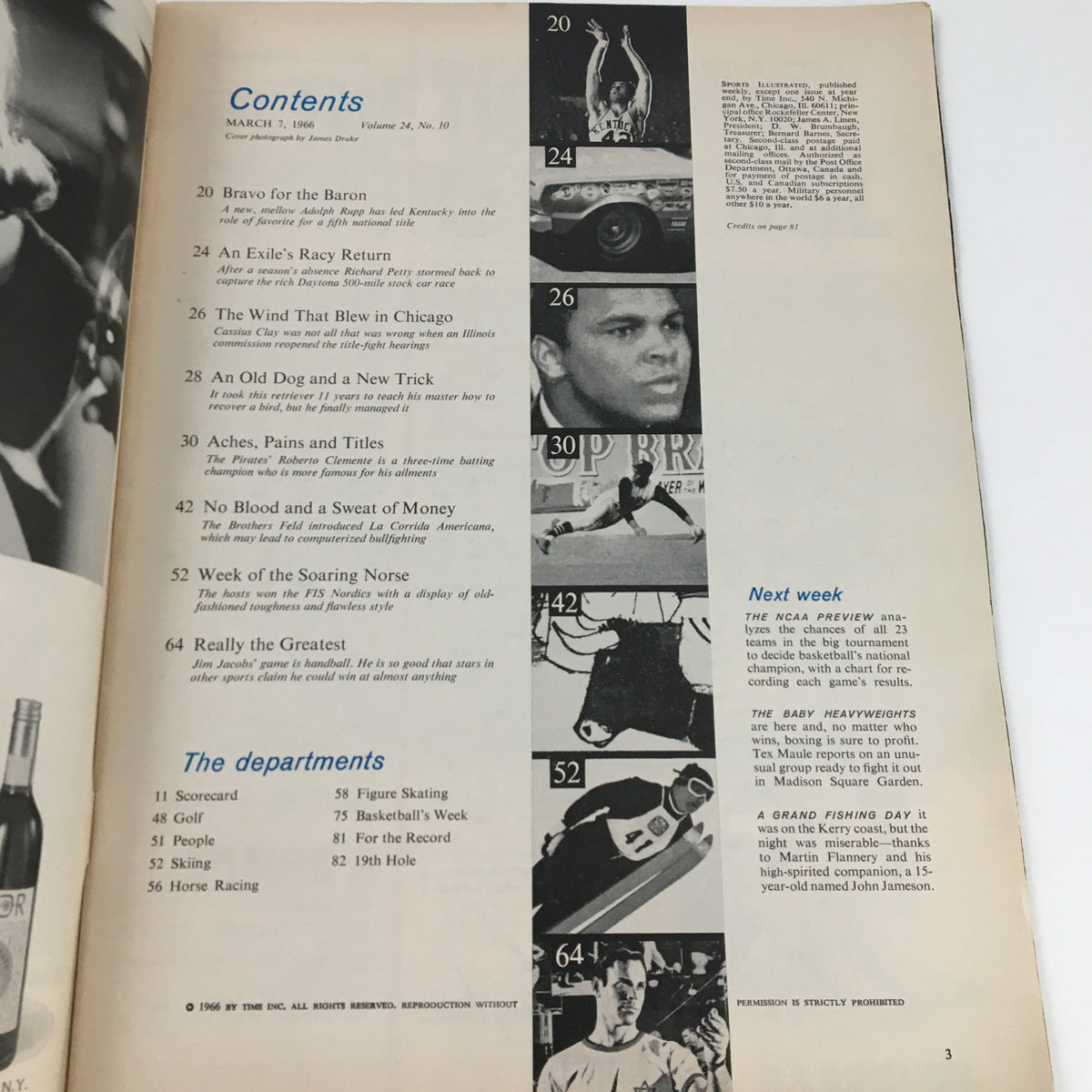Contents page of Sports Illustrated Magazine, March 7, 1966, detailing articles including 'Bravo for the Baron' and highlights of significant sports events.