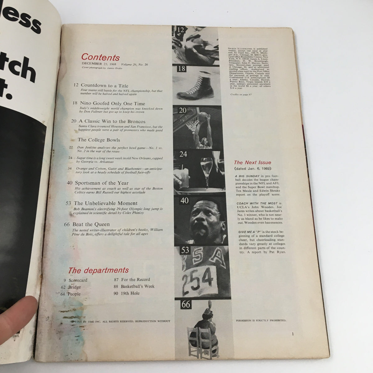 Contents page of Sports Illustrated Magazine December 23, 1968, highlighting articles including Sportman of the Year Bill Russell.