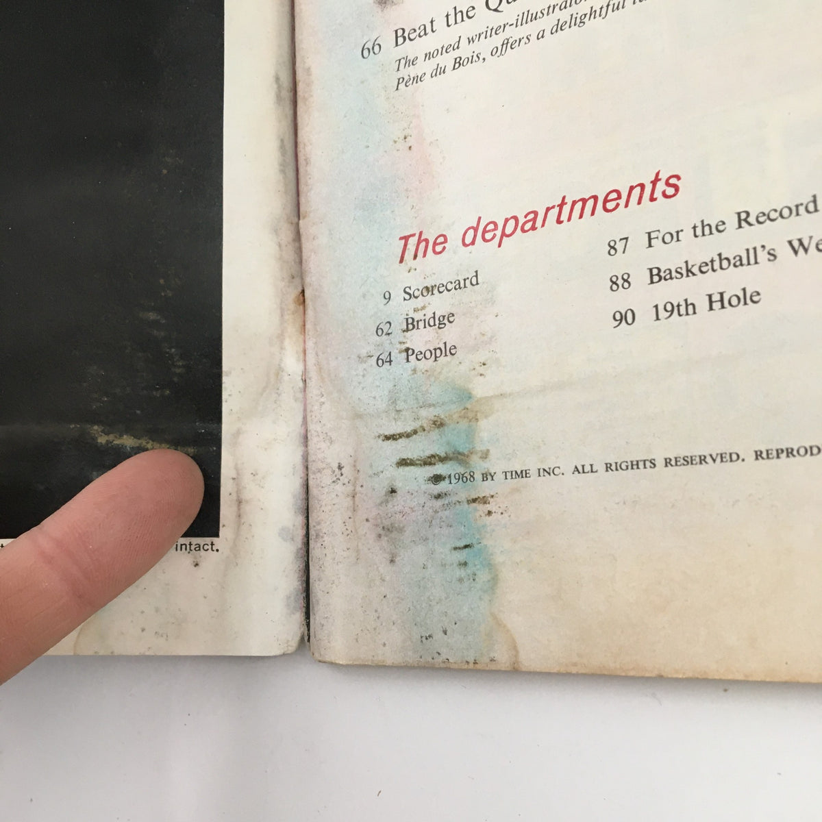 Close-up of the contents page of Sports Illustrated Magazine December 23, 1968, showing details of featured articles.