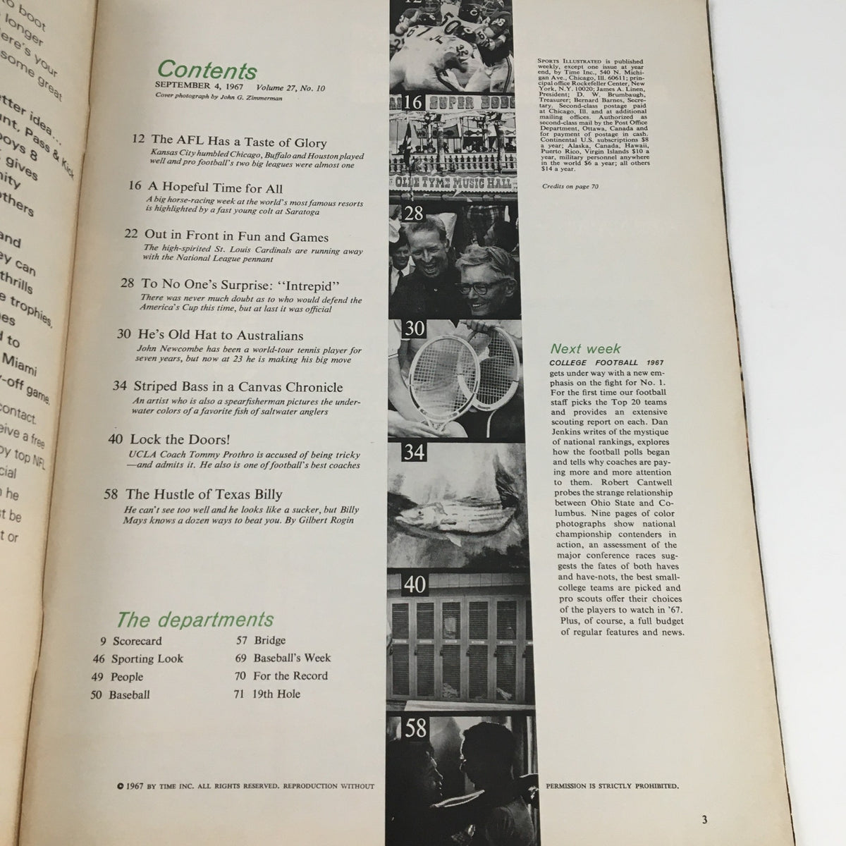 Inside page of Sports Illustrated Magazine September 4 1967 showing the table of contents and features.