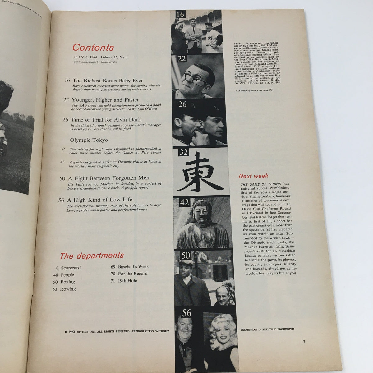 Contents page of Sports Illustrated Magazine, July 6, 1964, including articles about Alvin Dark and various sports.