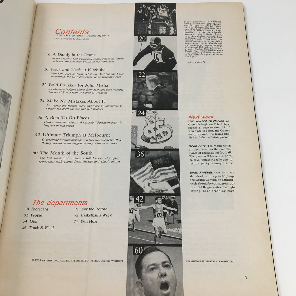 Contents page of Sports Illustrated Magazine January 29 1968, showcasing various sections including highlights of sports articles and features, reflective of the era's athletic achievements.