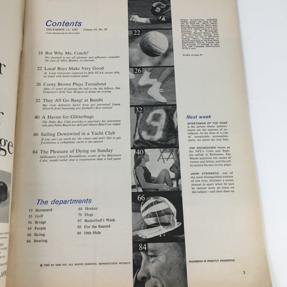 Contents page of Sports Illustrated Magazine December 13 1965, detailing articles including a feature on Lance Alworth.