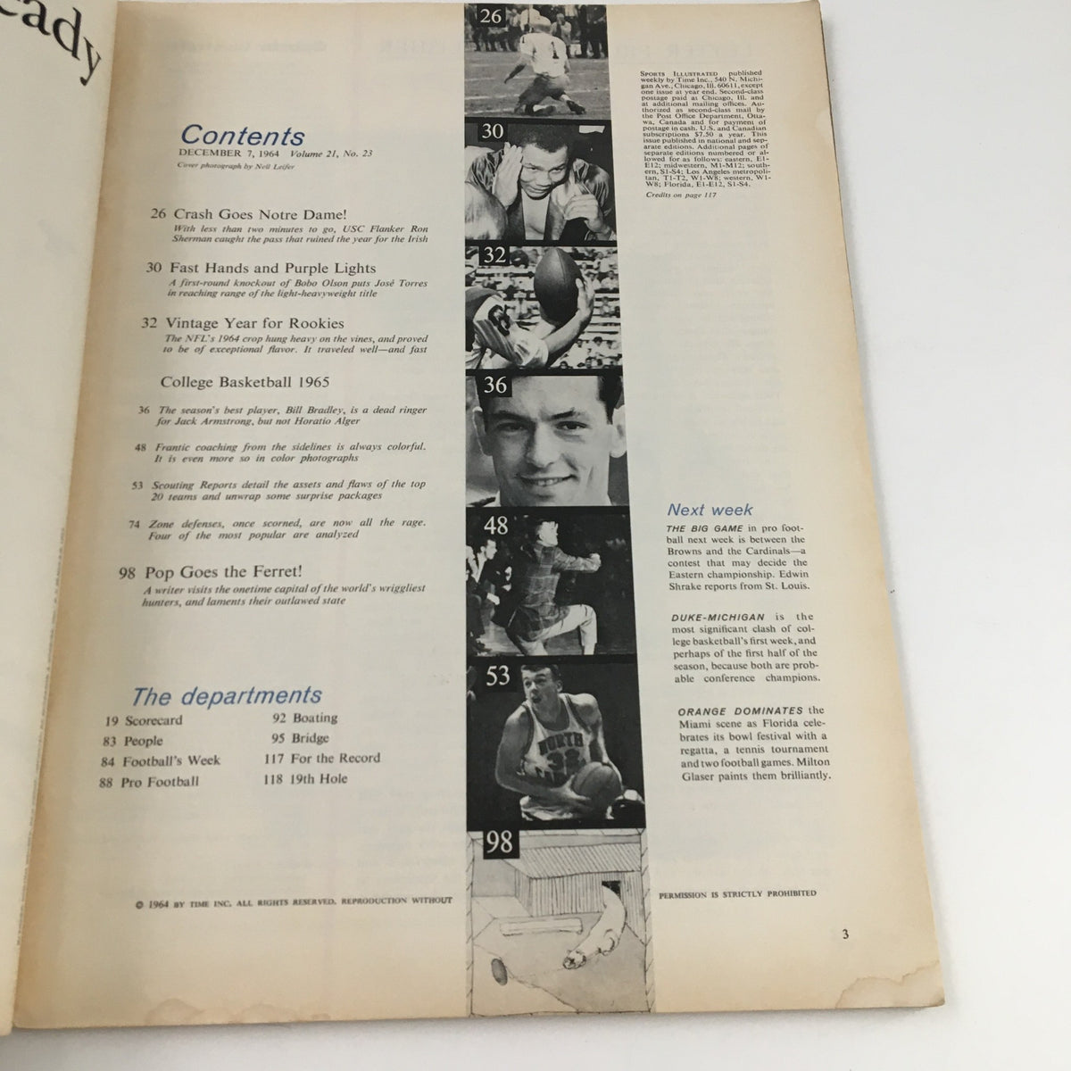 Interior page of Sports Illustrated Magazine December 7, 1964, showcasing the table of contents, including features on Bill Bradley and college basketball.