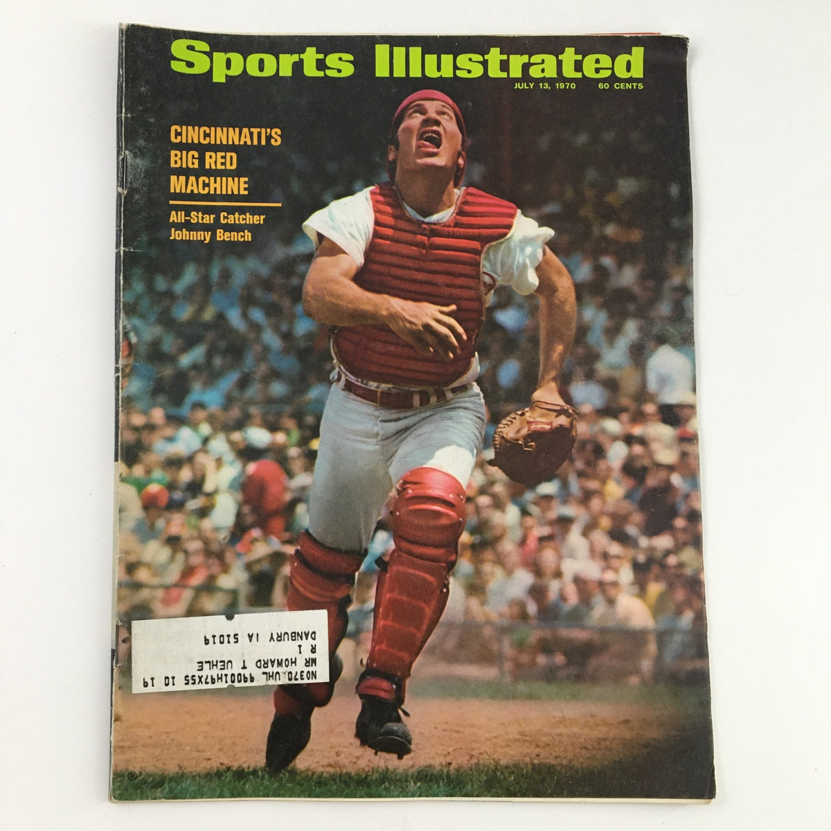 Cover of Sports Illustrated Magazine dated July 13, 1970 featuring Cincinnati star catcher Johnny Bench, showcasing him in action as part of the Cincinnati Reds' Big Red Machine.