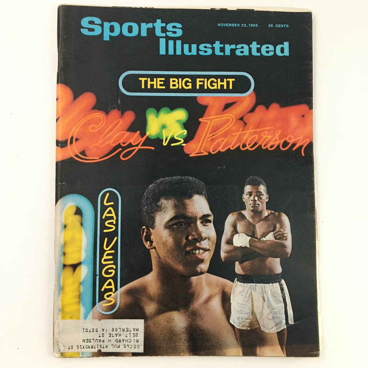 Cover of Sports Illustrated Magazine dated November 22, 1965 featuring the title 'The Big Fight: Clay vs. Patterson' with images of boxing legends Cassius Clay and Floyd Patterson, showcasing a significant moment in sports history.