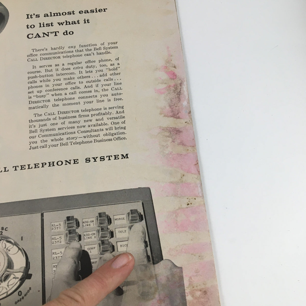 Back cover detail of Sports Illustrated Magazine January 29, 1962, with visible water damage and promotional content for Bell Telephone System.