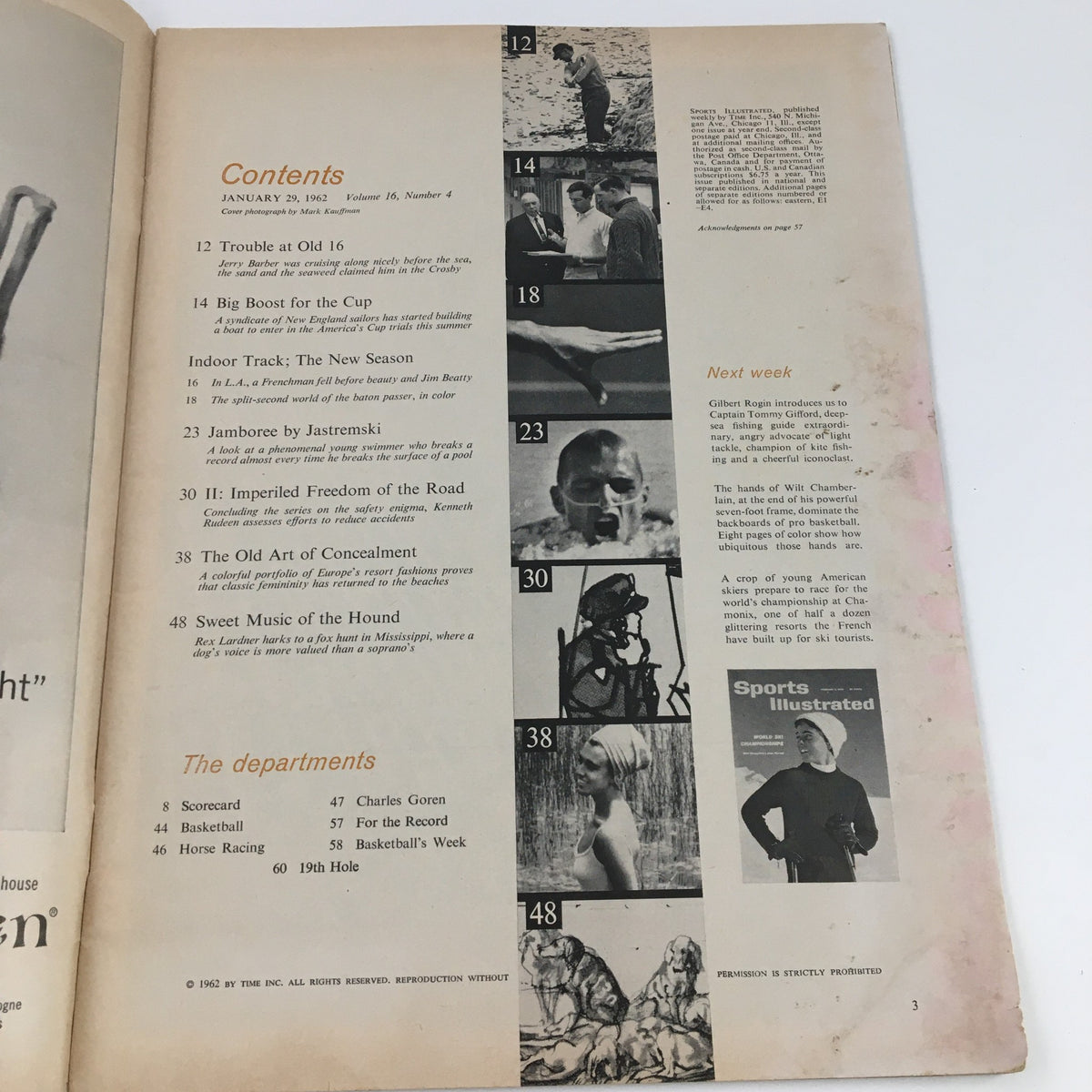 Contents page of Sports Illustrated Magazine January 29, 1962, listing articles including 'Jamboree by Jastremski' and 'Impaired Freedom of the Road'.