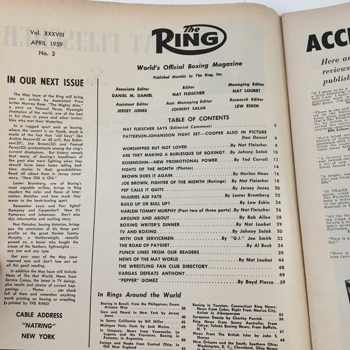 Table of contents page from The Ring Boxing Magazine April 1959, outlining featured articles and editorial insights.
