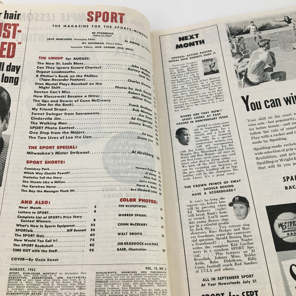 Inside page of Sport Magazine August 1953 displaying the lineup and features including an article on Warren Spahn, Milwaukee's Mr. Strikeout.