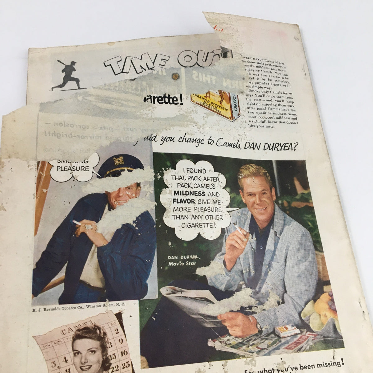 Back page of Sport Magazine August 1953 with an advertisement featuring Dan Duryea, highlighting the wear and historical significance of this vintage collectible.