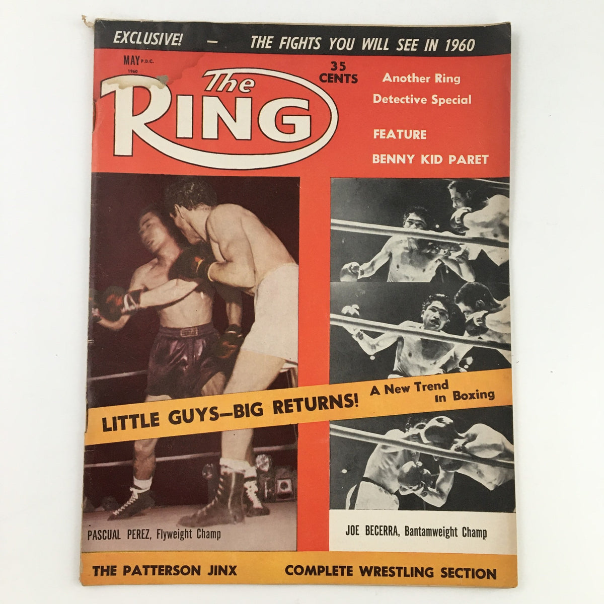 The Ring Boxing Magazine cover from May 1960 featuring Pascual Pérez and Joe Becerra, showcasing iconic boxing with a bold red layout, including the title and promotional headlines.