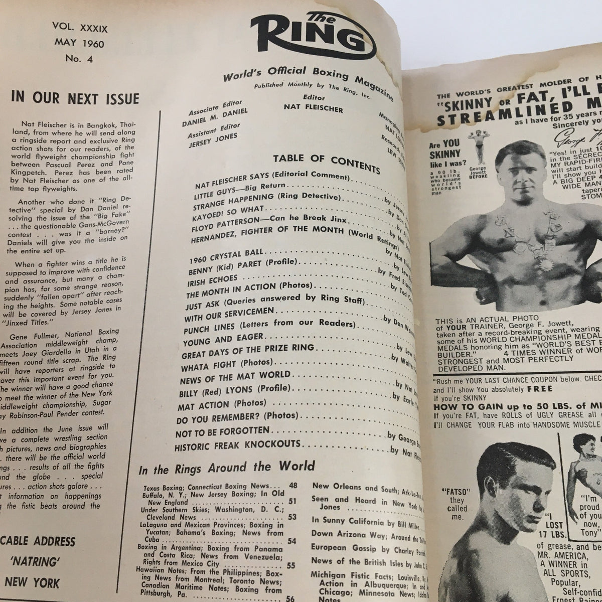 Interior page of The Ring Boxing Magazine May 1960 displaying the table of contents and editorial intro, highlighting the legendary boxing features and historical context.