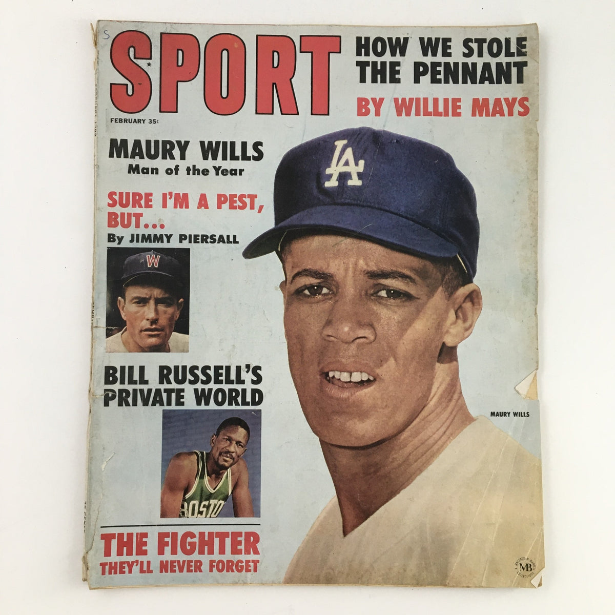 Sport Magazine February 1963 cover featuring Maury Wills as Man of the Year, along with Bill Russell and Jimmy Piersall, showcasing vintage design and sports icons from the era.