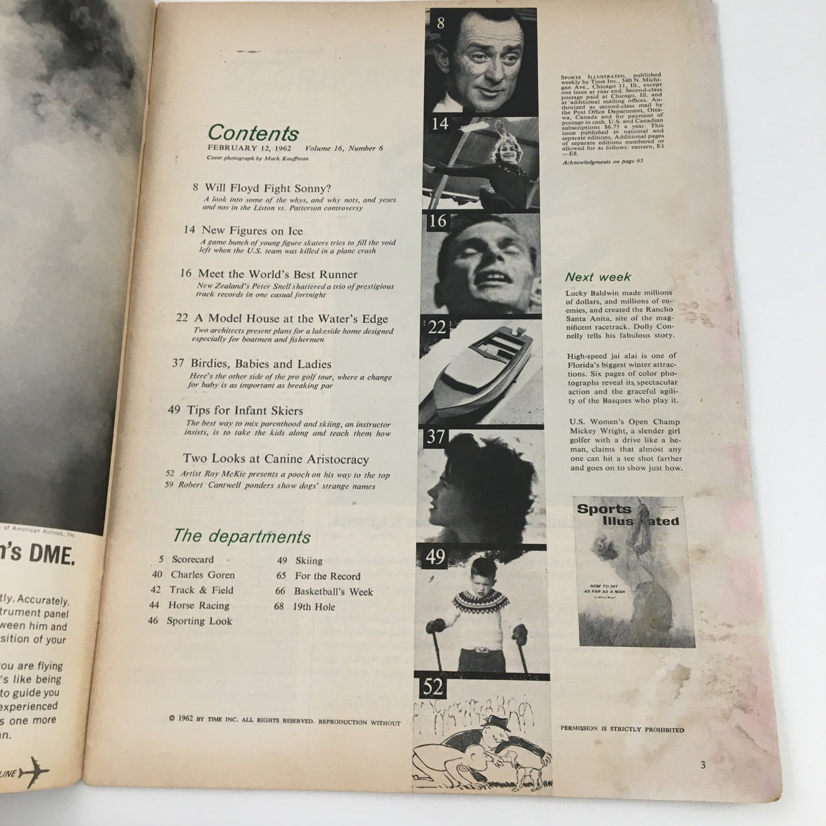 Contents page of Sports Illustrated Magazine February 12 1962, listing features including 'Will Floyd Fight Sonny?' and highlighting notable sports articles of the era.
