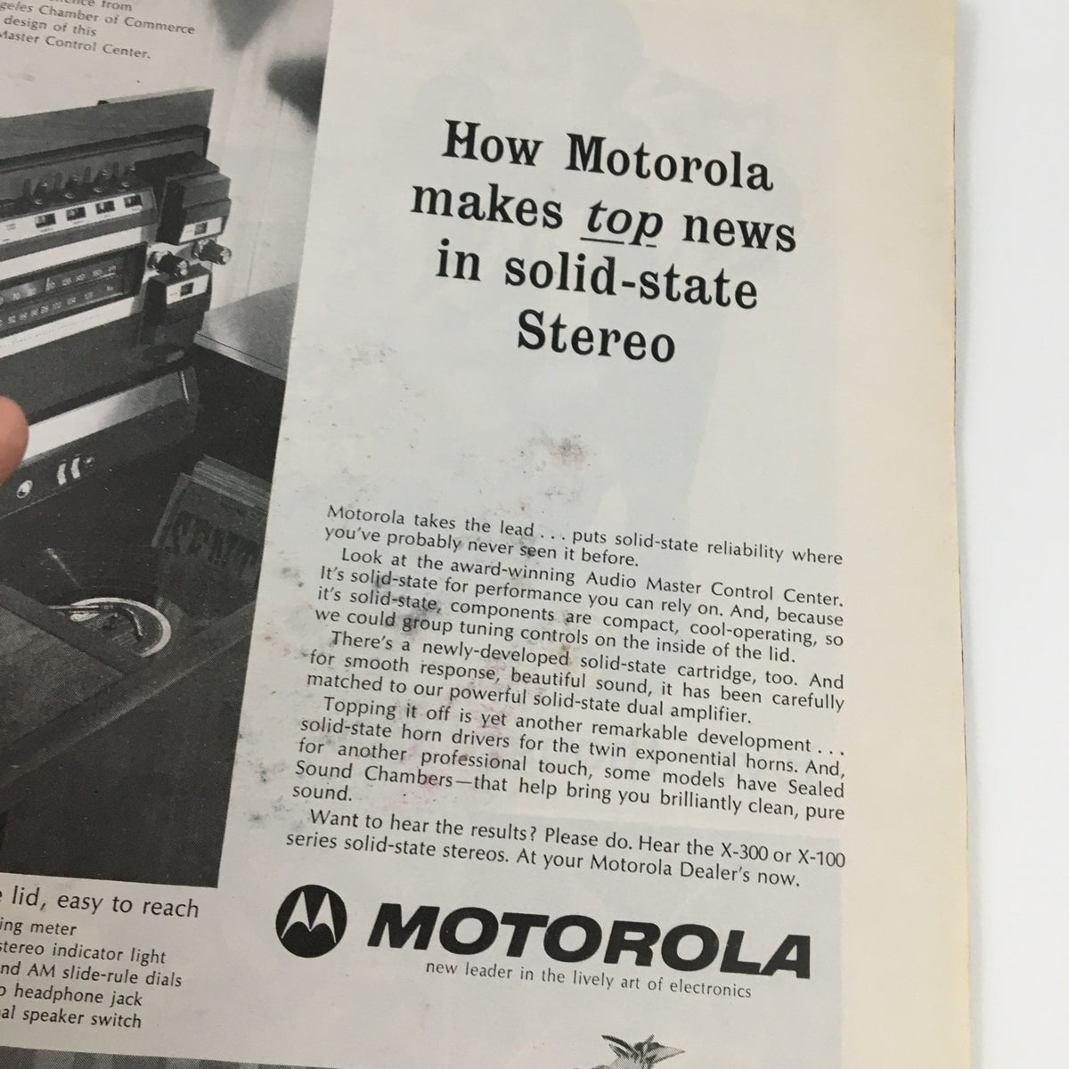 Vintage advertisement page featuring Motorola's solid-state stereo technology, highlighting the Audio Master Control Center and its features. Appears in a Sports Illustrated Magazine dated February 14, 1966, showcasing Rick Mount.