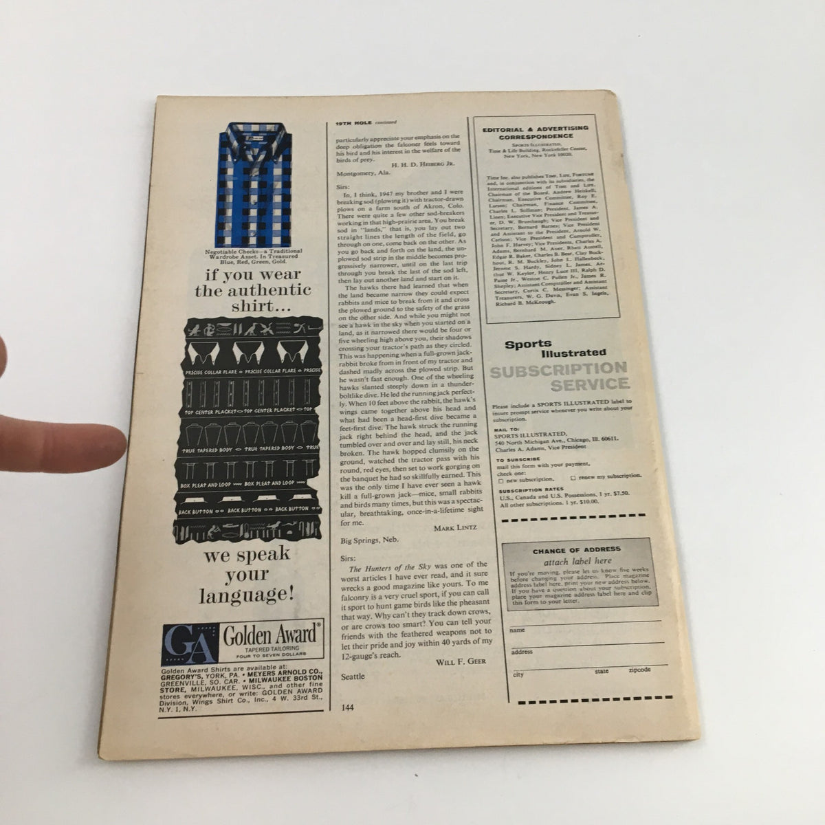 Back cover of Sports Illustrated Magazine, December 6, 1965, displaying an advertisement and subscription information.