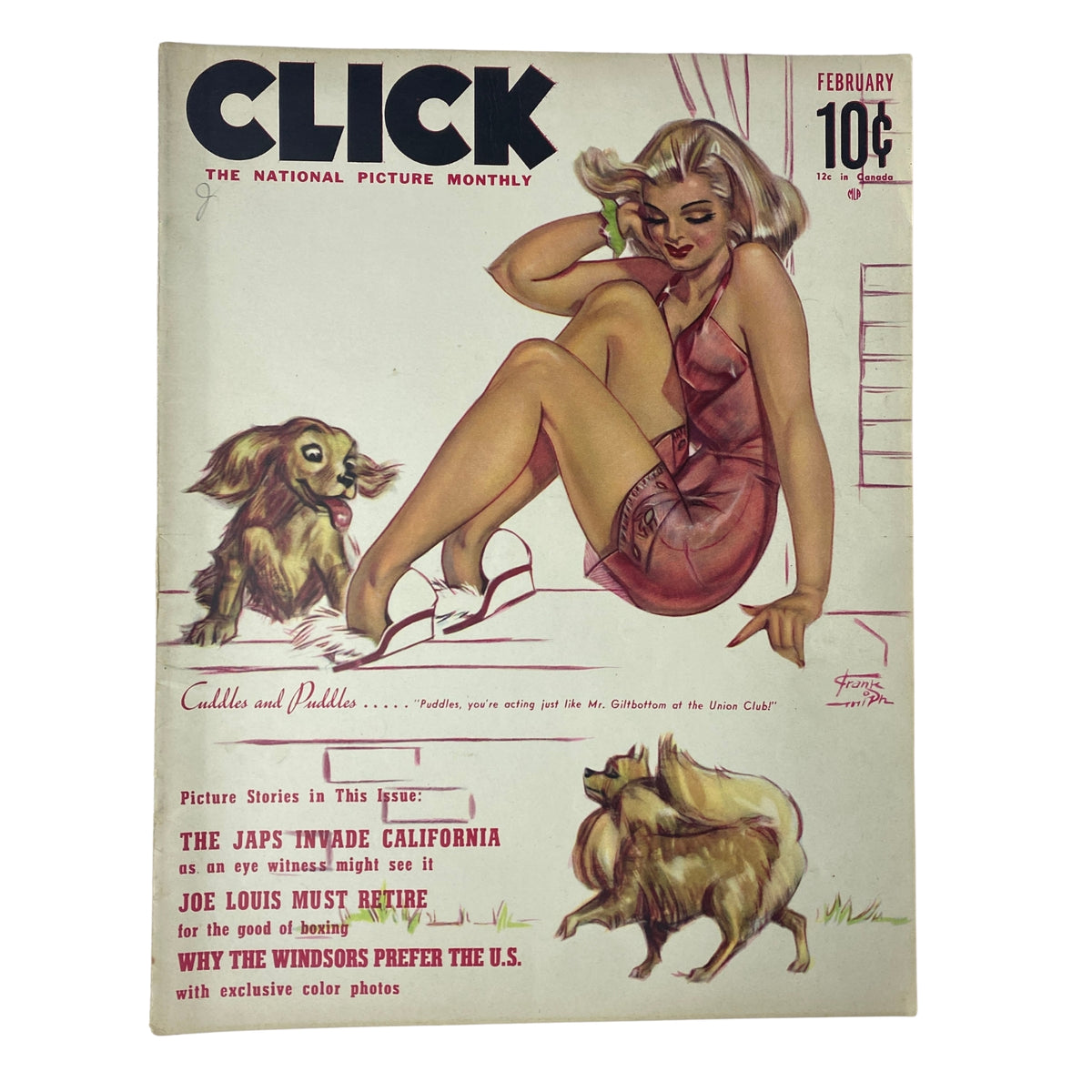 Cover of Click Magazine February 1941, Volume 4, Number 2, featuring a pin-up illustration of a woman in a bathing suit and adjacent animals, showcasing the title 'Click' prominently with the date and price, reflecting the stylish graphic design of the era.