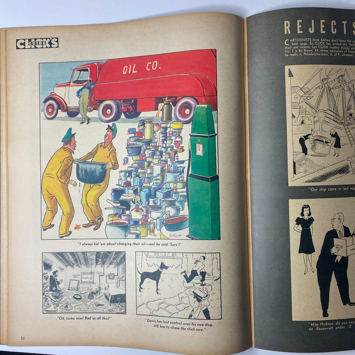 Page from Click Magazine February 1941, Volume 4, Number 2, depicting a humorous cartoon involving two workers and a vintage oil truck, showcasing the magazine's blend of entertainment and social commentary.