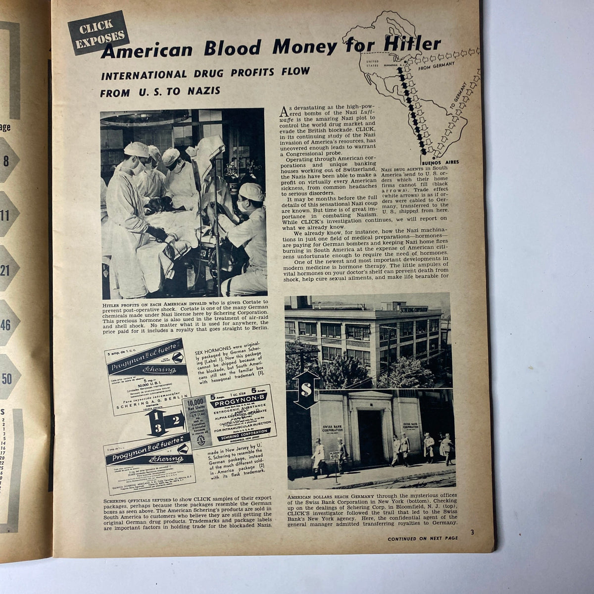 Article from Click Magazine July 1941 titled 'American Blood Money for Hitler,' examining international drug profits funding Nazi operations; highlights moral and ethical concerns of the time. Title: Click Magazine July 1941 Vol. 4, No. 7 Fascists Hate American Catholics.