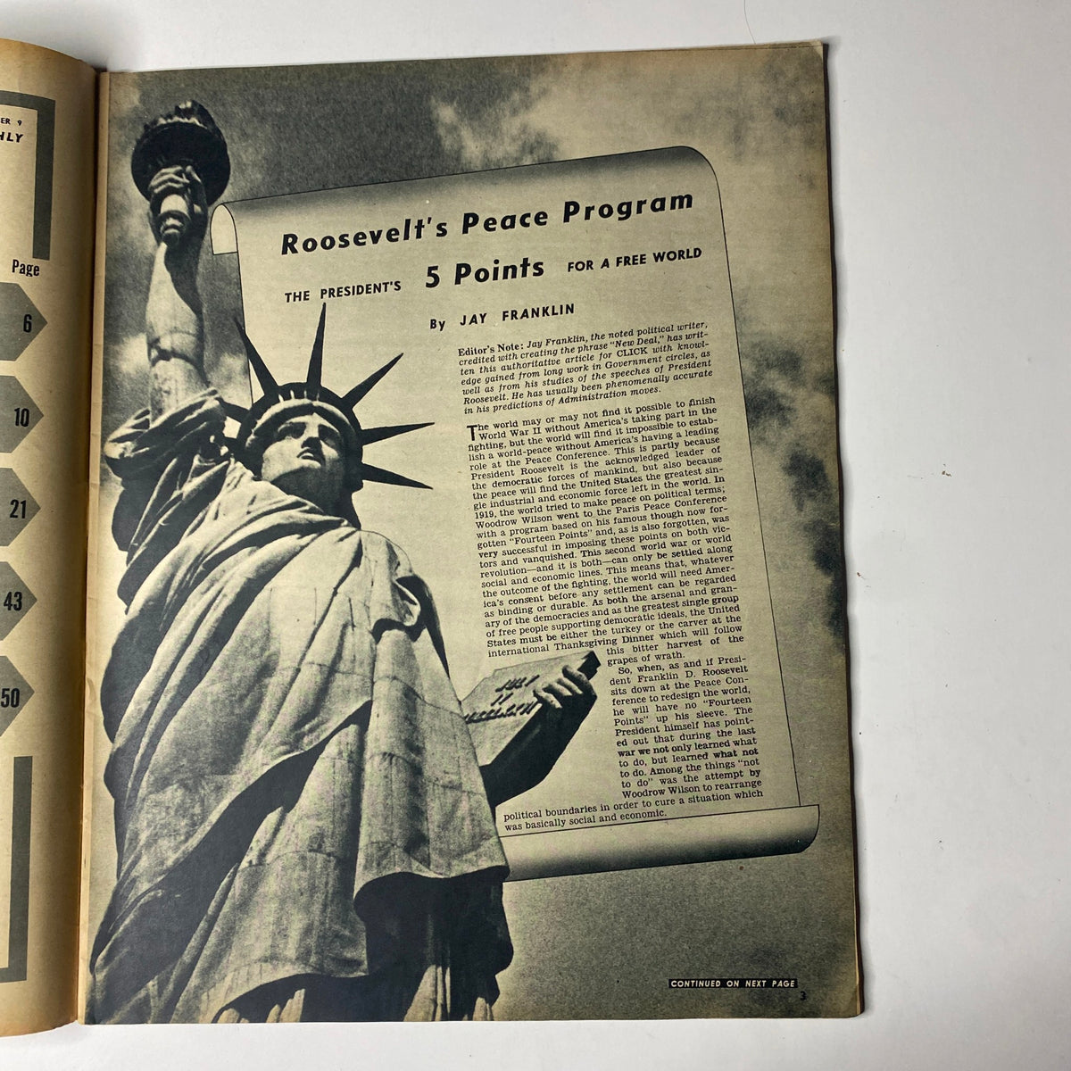 Page featuring 'Roosevelt's Peace Program' in Click Magazine September 1941, Vol. 4, No. 9, with an image of the Statue of Liberty and text discussing the President's points for a free world.
