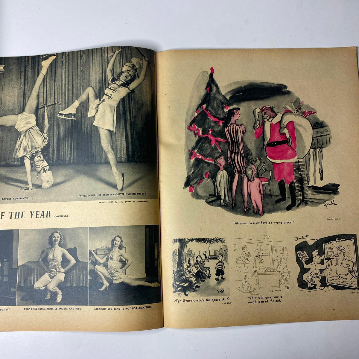 Double-page spread from Click Magazine December 1941 Vol. 4, No. 12 showcasing holiday-themed artwork and features related to the year.