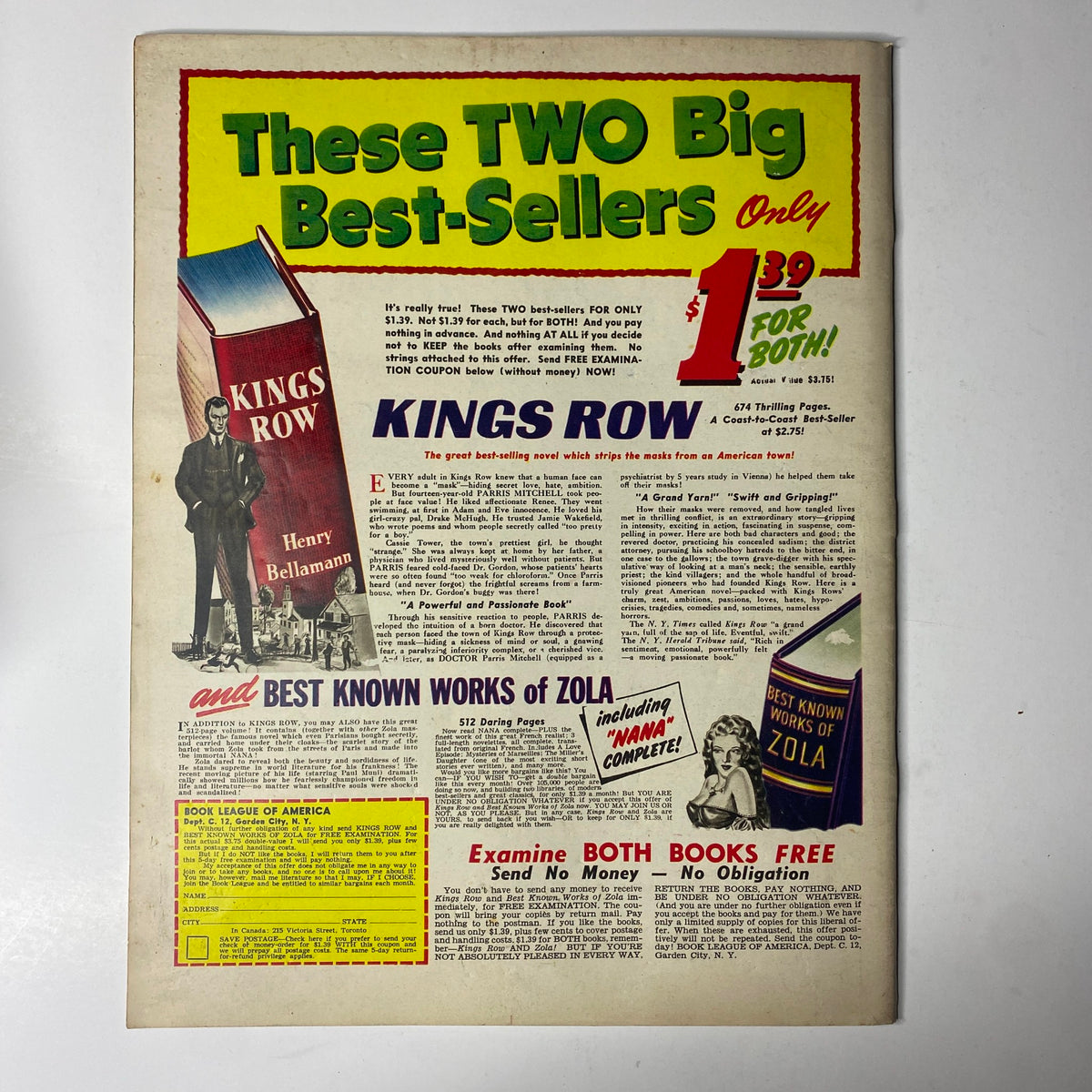 Advertisement page from Click Magazine December 1941 Vol. 4, No. 12 promoting best-sellers, including Kings Row by Henry Bellamann.