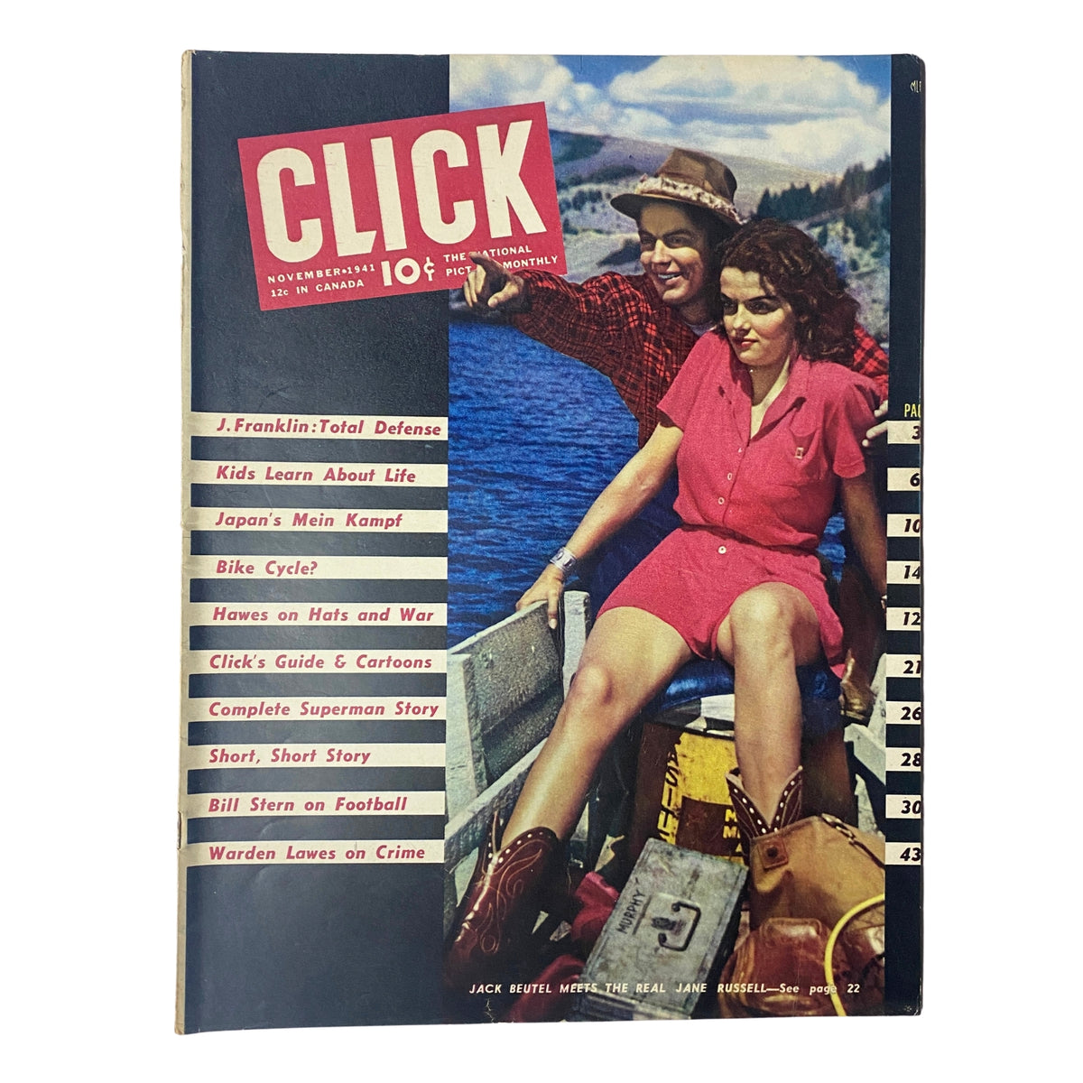 Cover of Click Magazine November 1941, Volume 4, Number 11 featuring Jack Beutel and Jane Russell, with articles like Total Defense and film highlights like Superman.