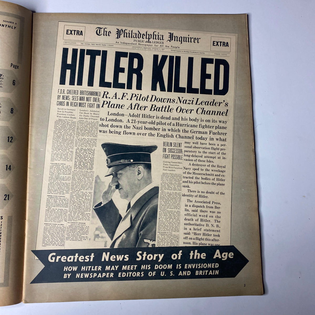 Extra from The Philadelphia Inquirer headline reading 'Hitler Killed', related to Click Magazine August 1941 Vol. 4, No. 8, capturing World War II news.