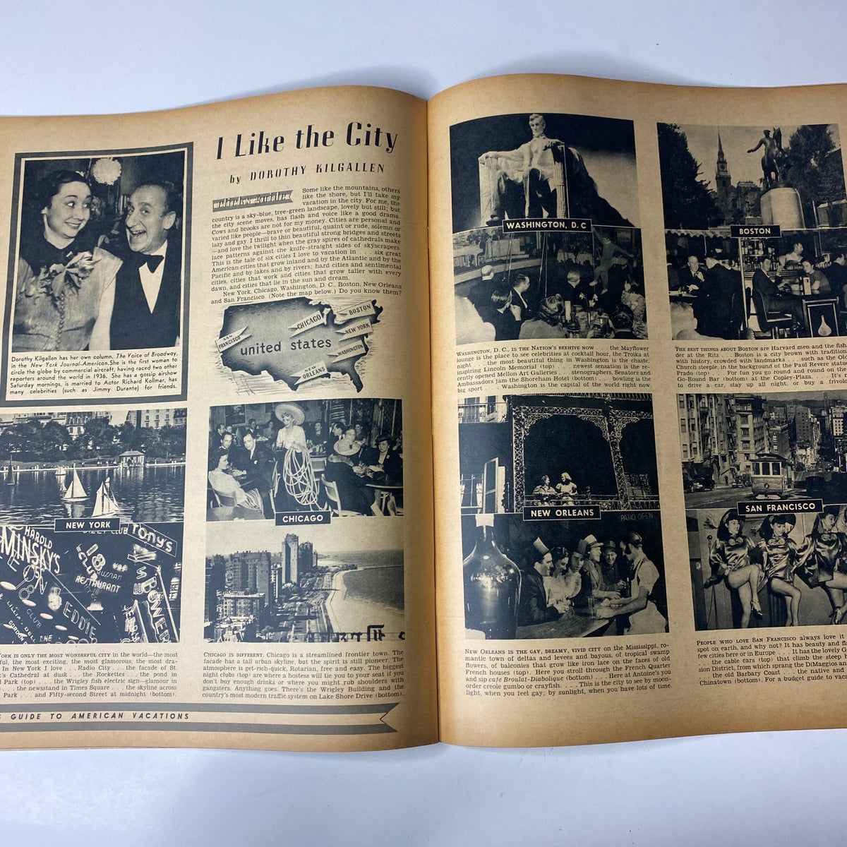 Feature spread from Click Magazine June 1941 Vol. 4, No. 6 showcasing 'I Like the City' by Dorothy Kilgallen, illustrating American vacation hotspots.