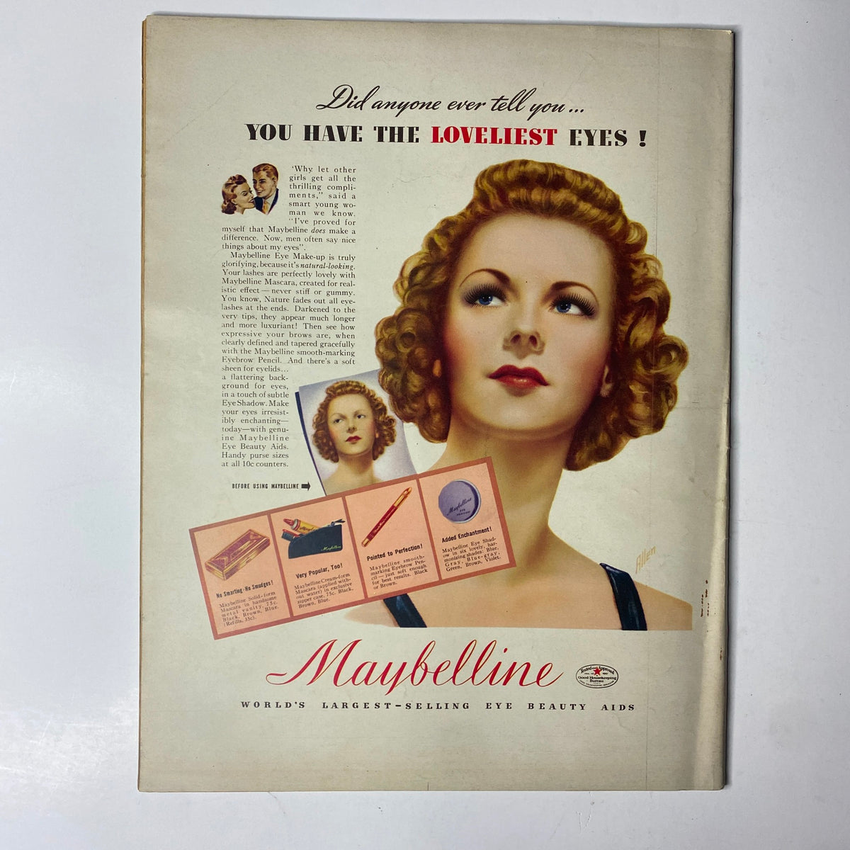Back cover of Click Magazine June 1941 Vol. 4, No. 6 advertising Maybelline beauty products with an attractive model, emphasizing vintage beauty.