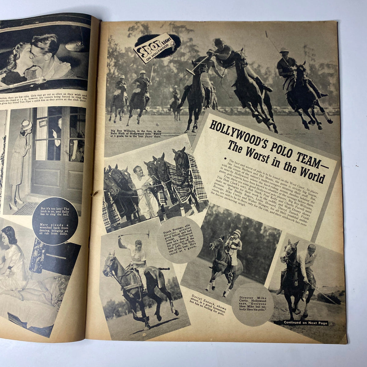 Inside page of Spot Magazine September 1940, titled 'Hollywood's Polo Team - The Worst in the World', depicting scenes from polo matches with historical context.