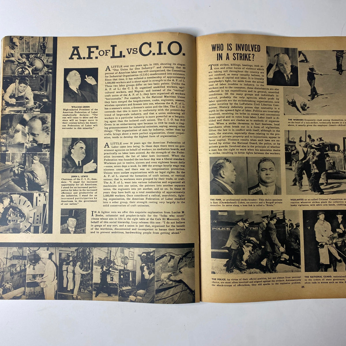 Focus Magazine April 1938 Vol 1 No. 1 'Birth of a Dummy' showcasing the article 'A. F. of L. vs. C. I. O.' with images related to labor union conflicts.