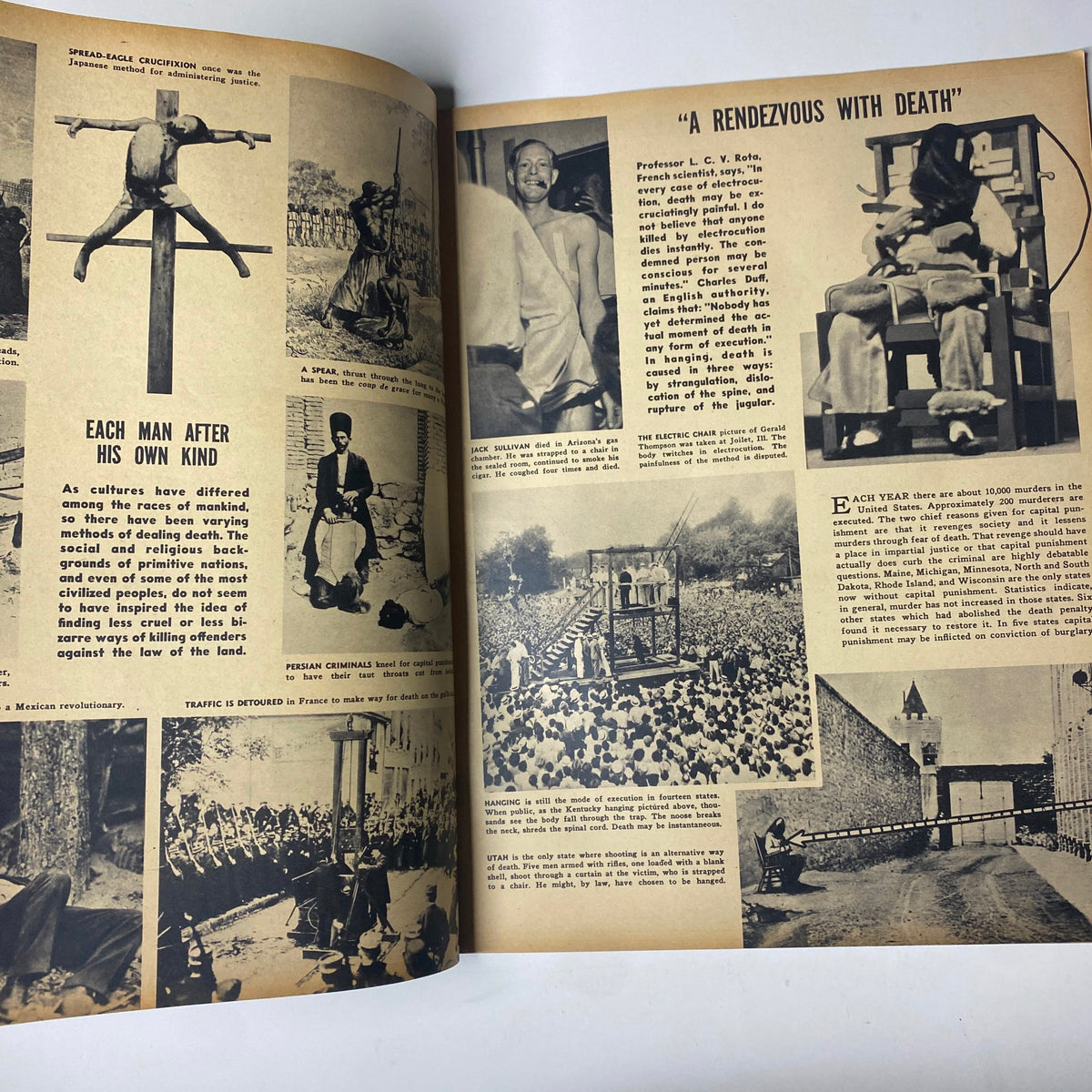 Focus Magazine May 1938 displaying a spread with historical images related to criminal justice and penal labor, illustrating the article 'A Rendezvous With Death'. The images provide a visual context to the societal issues discussed in the issue.