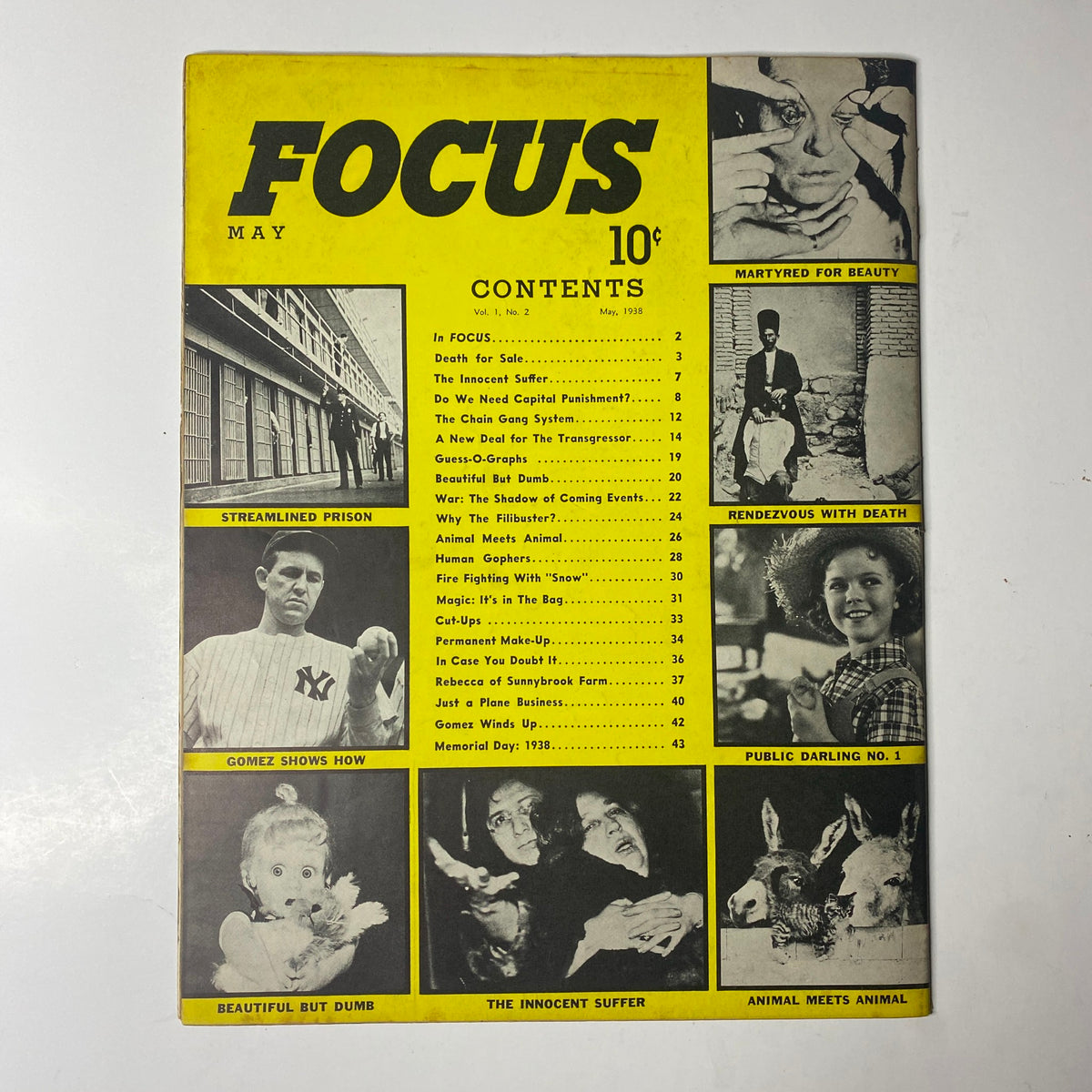 Focus Magazine May 1938 cover showing the magazine's contents with bold headlines like 'Streamlined Prison', 'The Innocent Suffer', and 'Beautiful But Dumb', indicating the themes of social issues and popular articles.