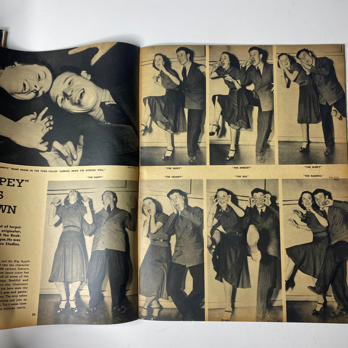 Inside spread of Focus Magazine July 1938 Vol 1 No. 4, displaying a series of photographs of a dance contest highlighting couples enjoying vintage dance styles.