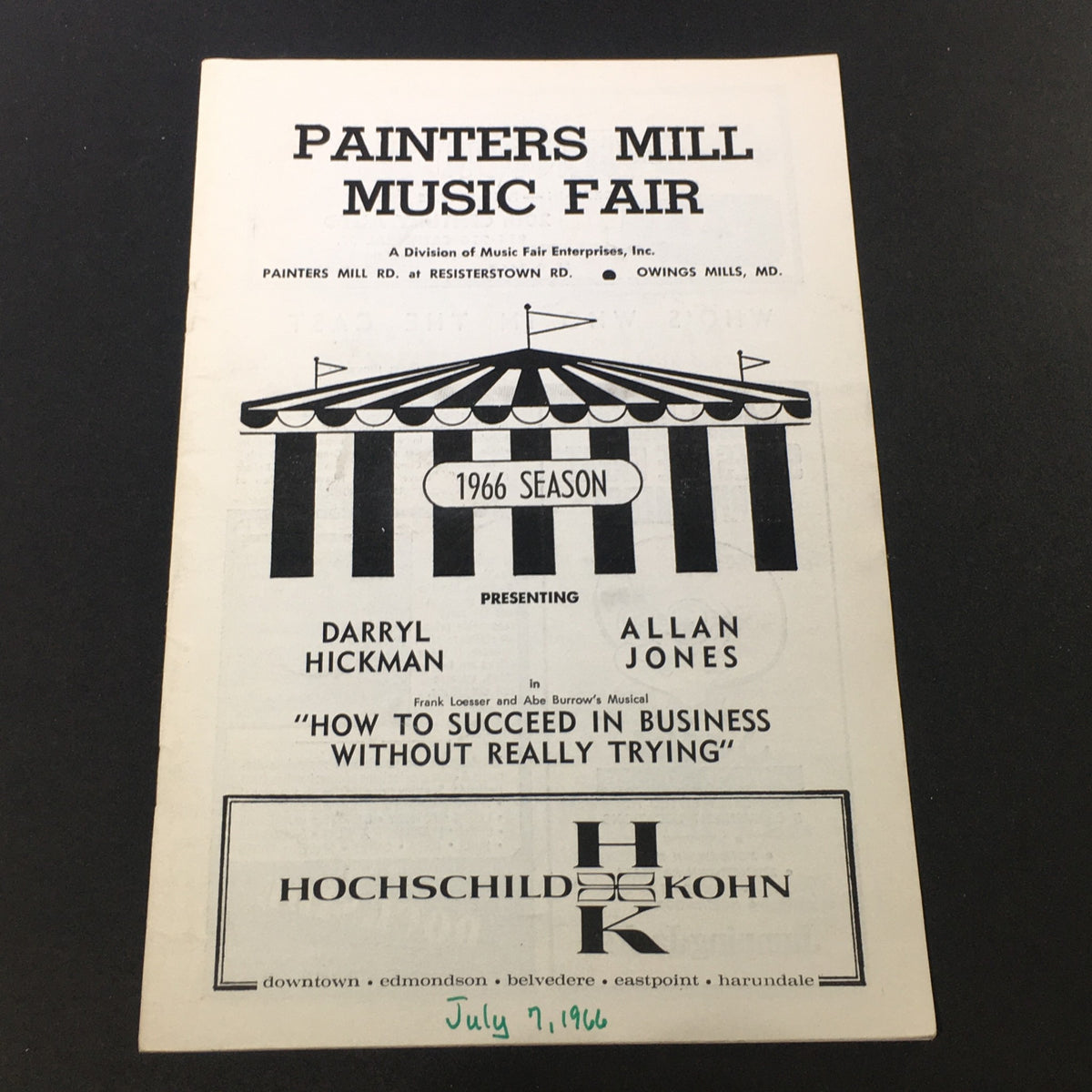 Vintage program cover for the Painters Mill Music Fair from July 7, 1966, featuring the show 'How to Succeed in Business Without Really Trying' presented by Darryl Hickman and Allan Jones.
