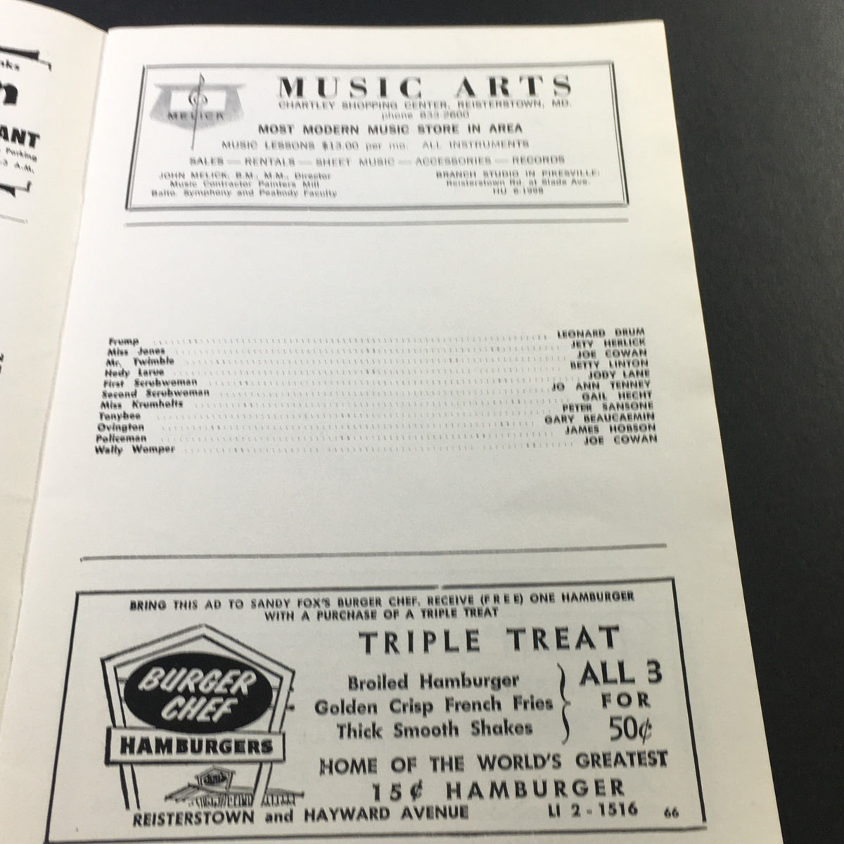 Advertisement for Music Arts shop listing services in vintage program from the Painters Mill Music Fair, July 7, 1966.