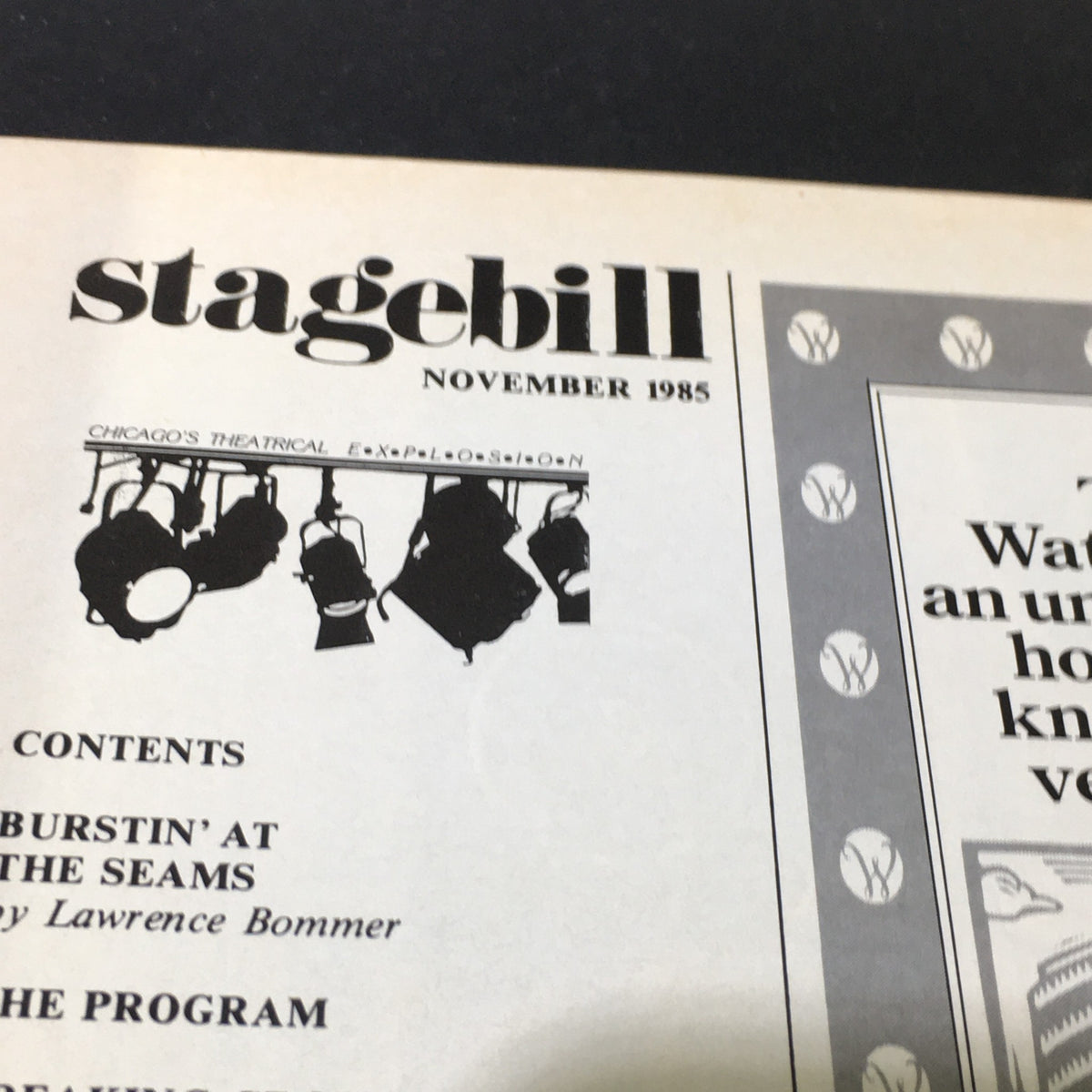 Close-up of the Stagebill from November 1985 for the VTG Shubert Theatre, featuring the publication details and theatrical content.