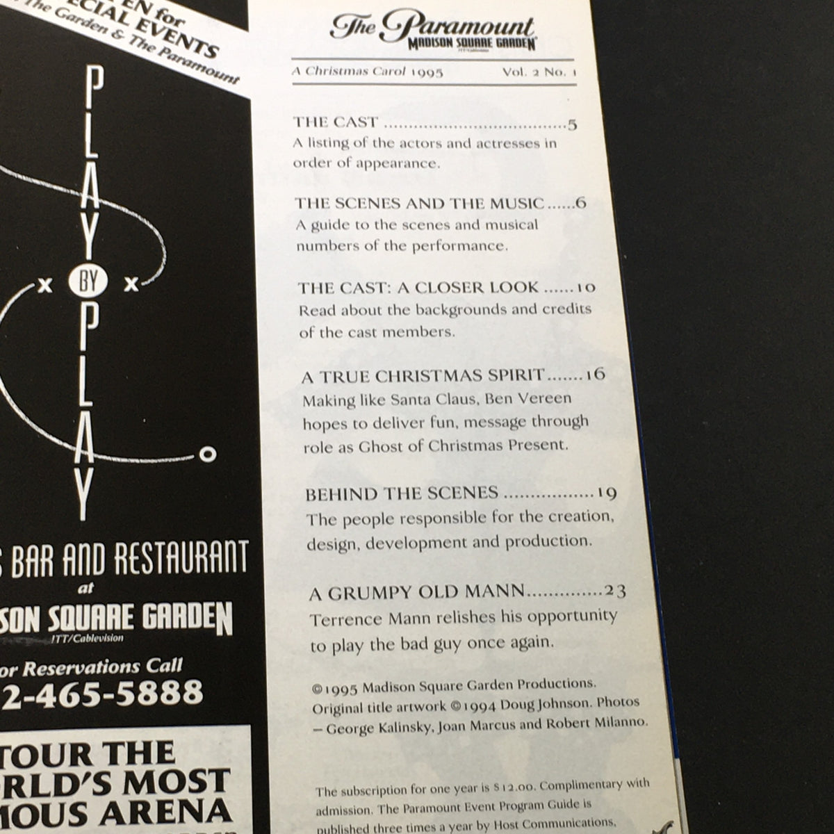 Interior page of the vintage magazine 'A Christmas Carol 1995' from The Paramount Madison Square Garden, featuring details about the cast and musical scenes.