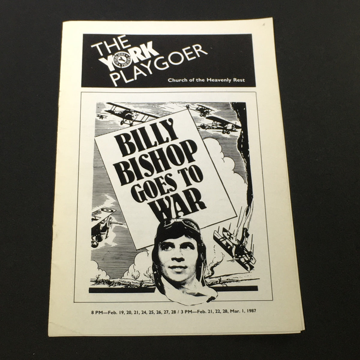 Cover of VTG The York Playgoer March 1, 1987 featuring 'Billy Bishop Goes To War' by John Gray, showcasing a dramatic black and white design with an airplane theme.