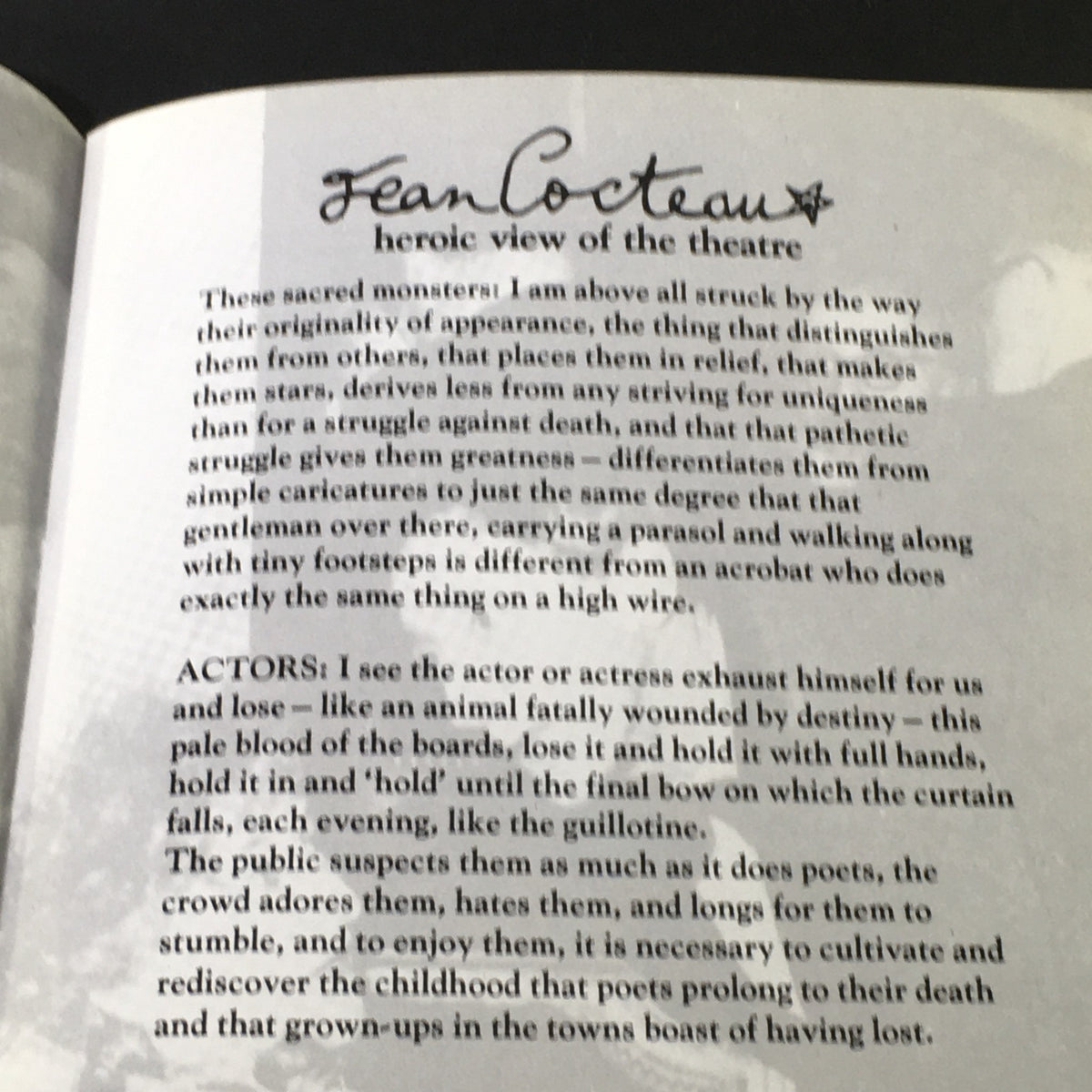 Inside view of the program for VTG Lyric Theatre Hammersmith November 1-December 6 1986 - The Infernal Machine, showcasing a quote by Jean Cocteau on the nature of theatre.
