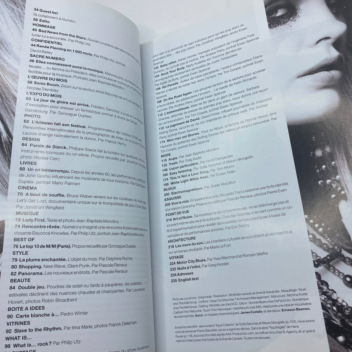 Inside pages of Numéro Magazine August 2008, displaying the index and contents, highlighting fashion articles and features relevant to the mid-2000s haute couture.