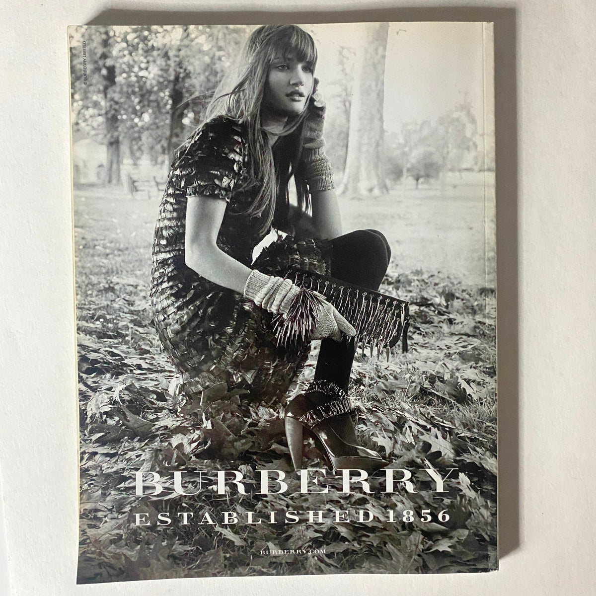 Burberry advertisement featuring a model in a stylish outfit, set against a natural backdrop, emphasizing luxury fashion in conjunction with Numéro Magazine August 2008.