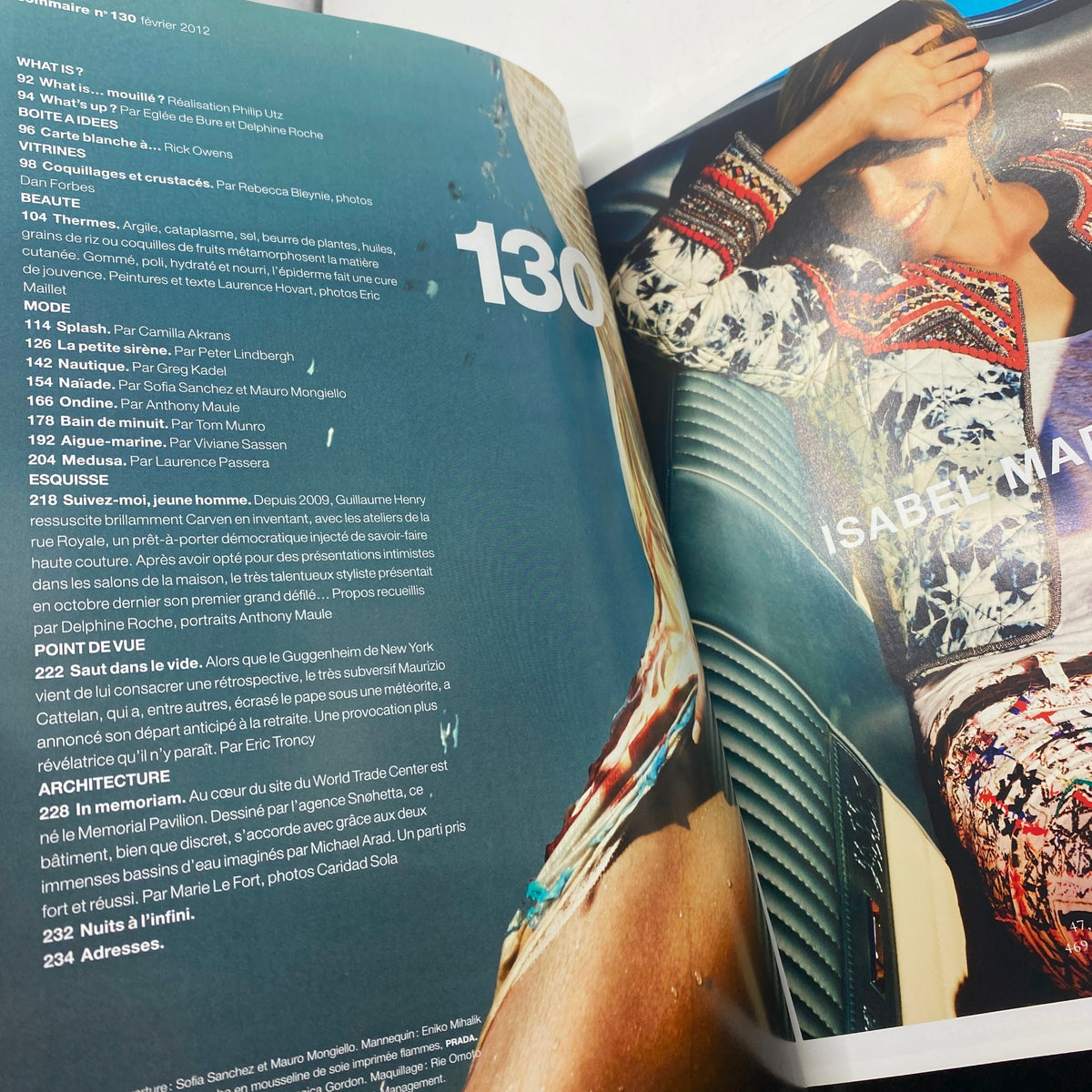 Interior page of Numéro Magazine February 2012 No. 130, displaying article listings and fashion features relevant to the month's theme.