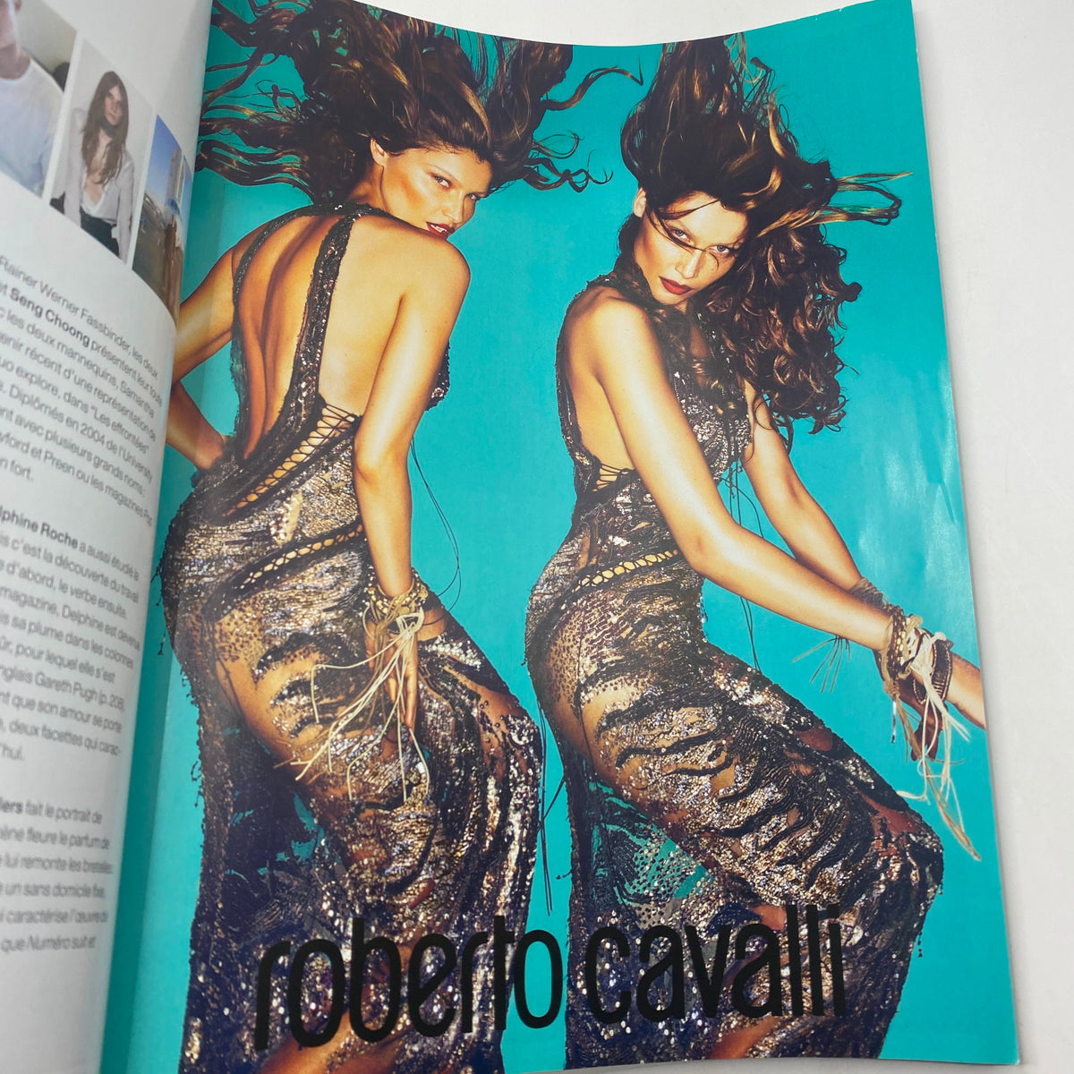 A stunning fashion spread featuring model wearing a shimmering Roberto Cavalli dress in Numéro Magazine February 2011 No. 120, representing the bold and vibrant style of the era.