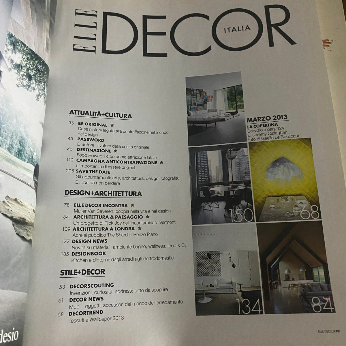 Interior page of Elle Decor Italia Magazine March 2013, showcasing contents related to design, architecture, and cultural influences, emphasizing urban style themes.