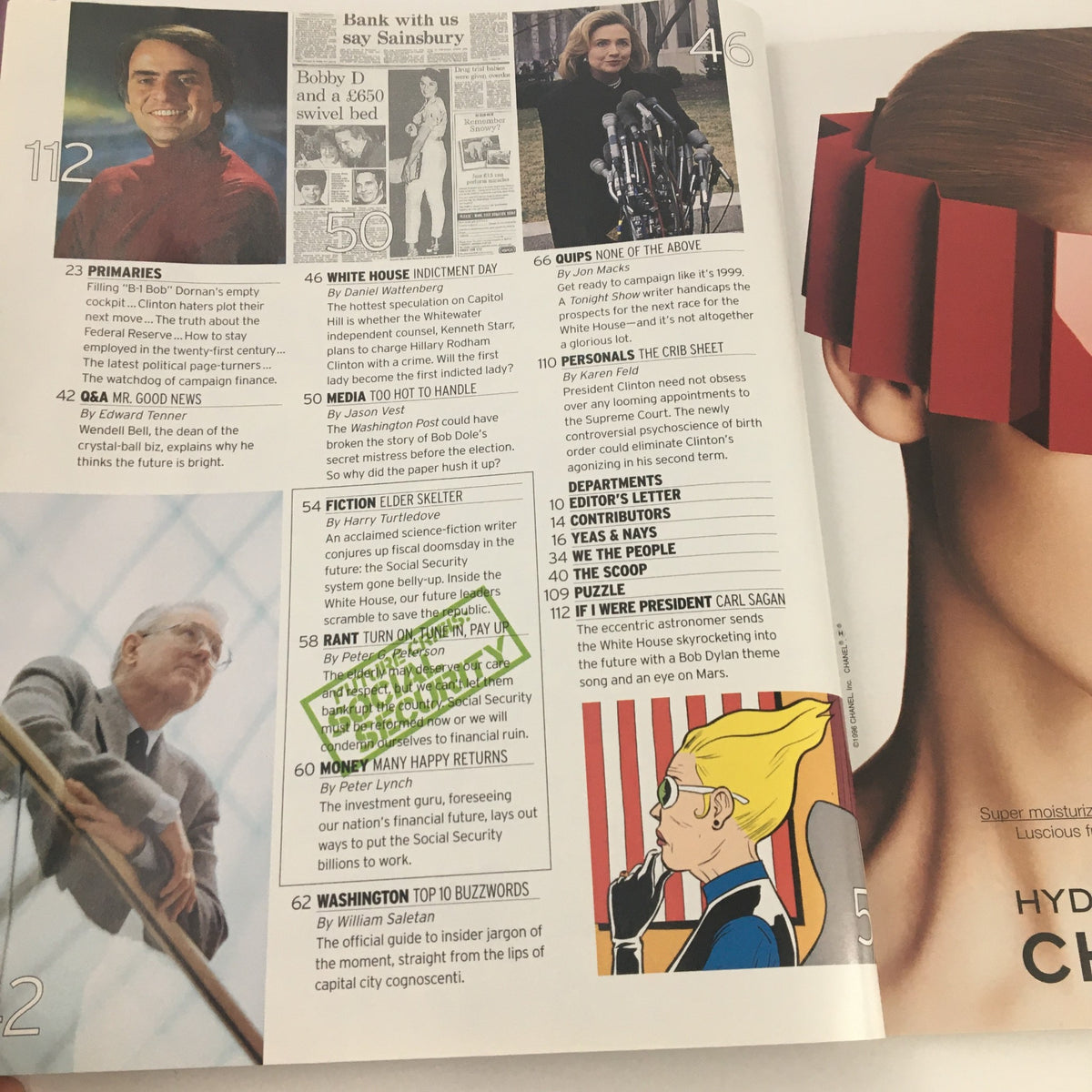 Image showcasing a page from George Magazine February 1997 featuring Bill Gates, Carl Sagan, and Jimmy Carter. The magazine includes various editorial sections and illustrations, highlighting cultural and political insights from the late 1990s.