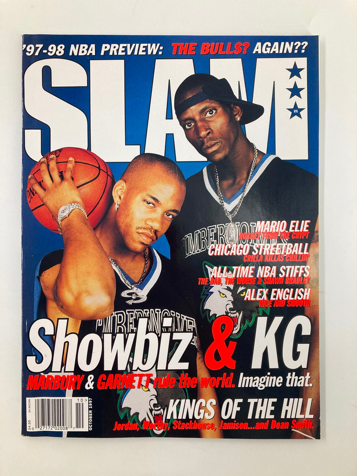 Cover of Slam Magazine, October 1997, featuring Kevin Garnett and Stephon Marbury, with a poster included, in very good (VG) condition, with a minimalist, no-label design